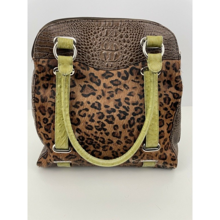 Cleo & Patek Paris Leopard Print Shoulder Handbag Leather Croc Embossed