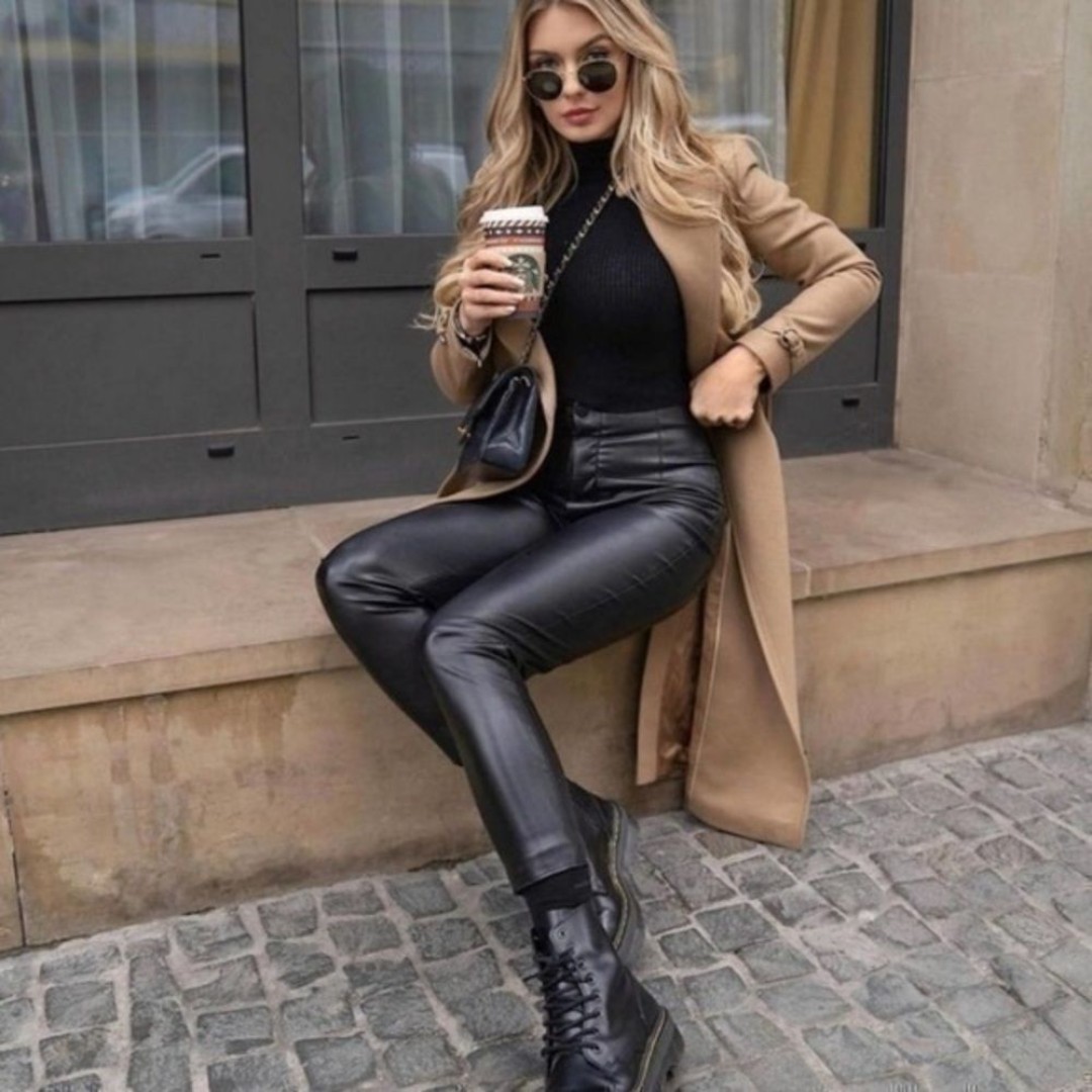 ZARA Black Faux Leather High rise Skinny High Waisted Leggings 5427/226/…