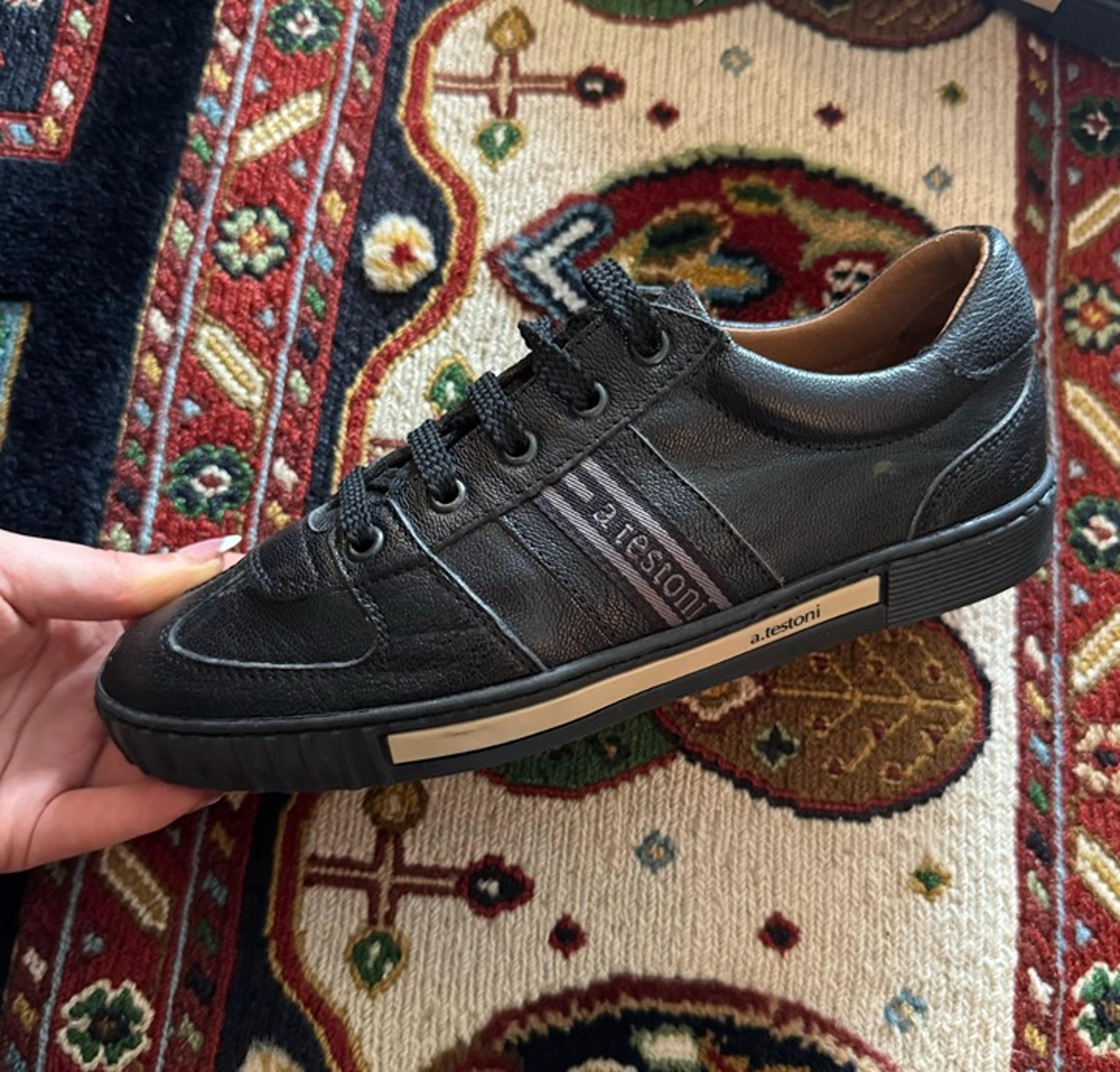 A. Testoni “Classic Kid Nero” luxury sneakers in EU size 38 (fits like US women’