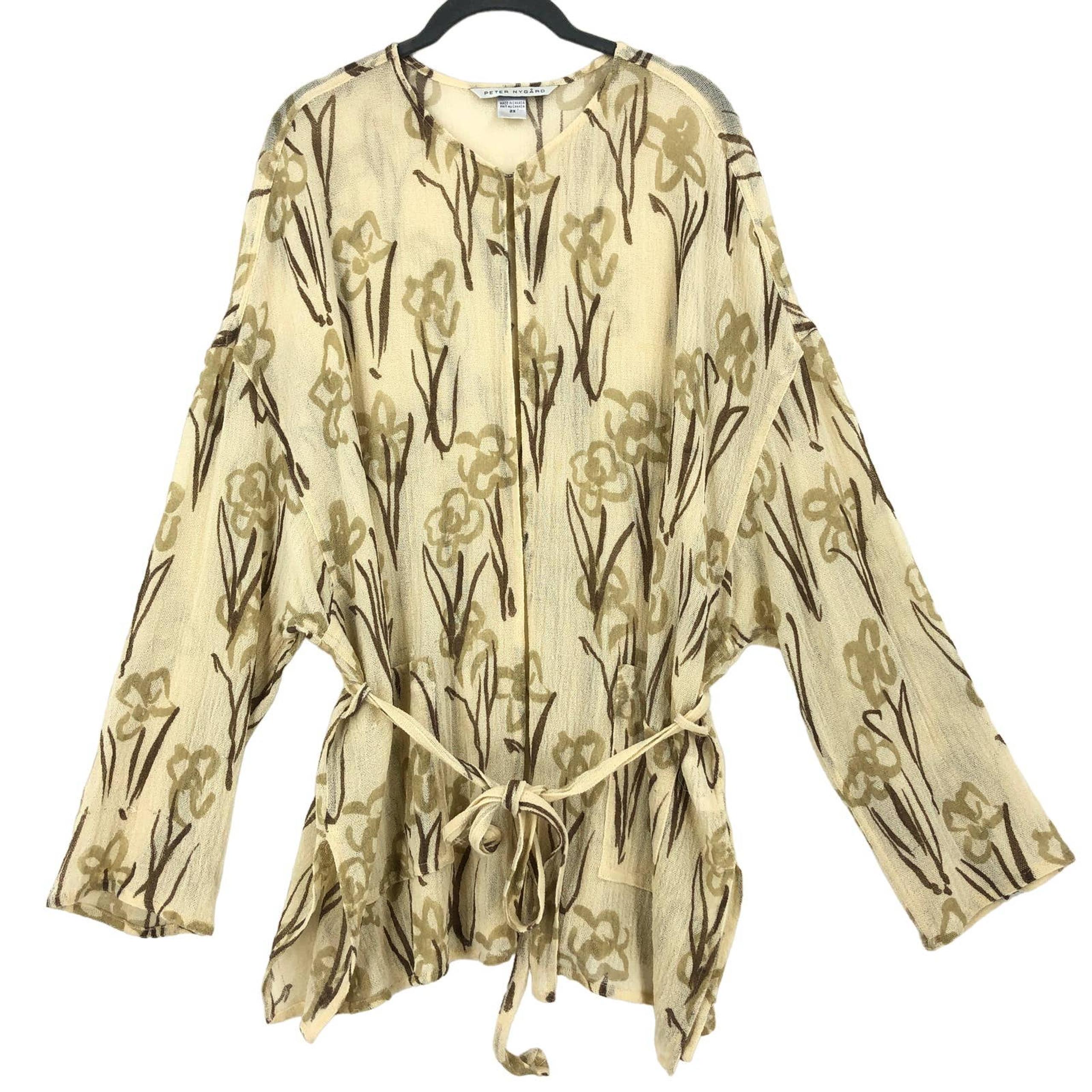 Peter Nygard Womens Cardigan Sweater 2X Cream Tan Floral Wool Belted Long Sleeve