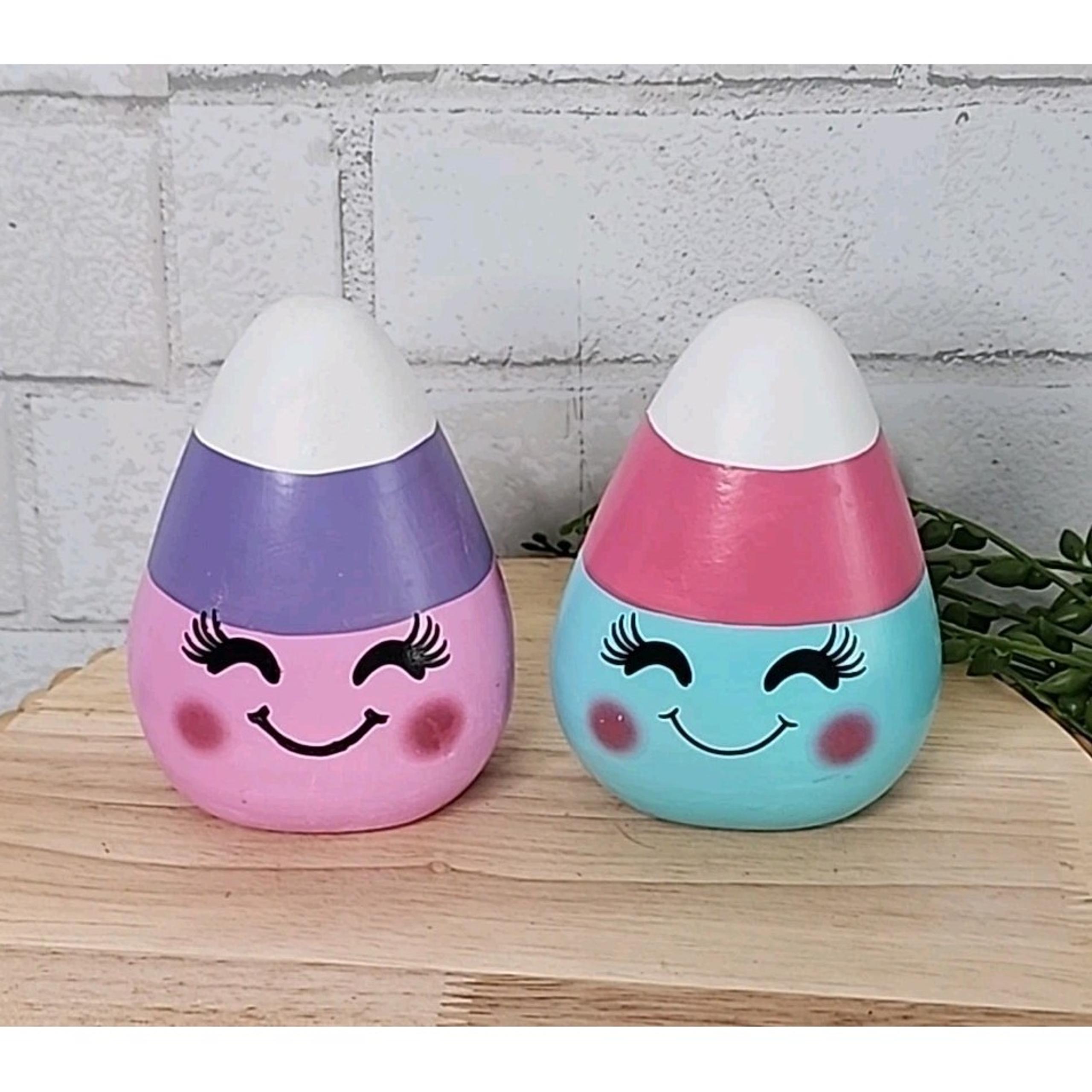 Summerween Pink Candy Corn Figures 2 Pc Set 4 1/4" Purple Ceramic Halloween NEW