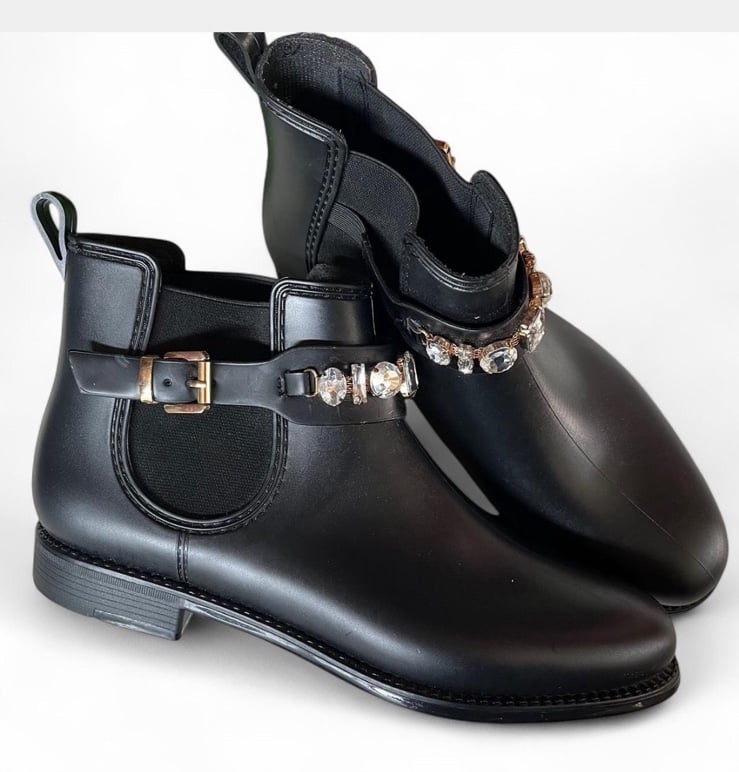 Henry Ferrera Black Ankle Rain Boots with Crystal Embellishments Size 10
