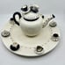 1998 Mud Pie Teapot W/Tiny Outside Mug & Saucer On Lid W/ Ceramic Serving Tray