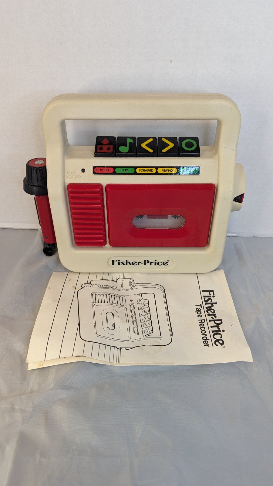 Vintage 1987 Fisher Price Red/White Cassette Recorder W/Manual -No Battery Cover