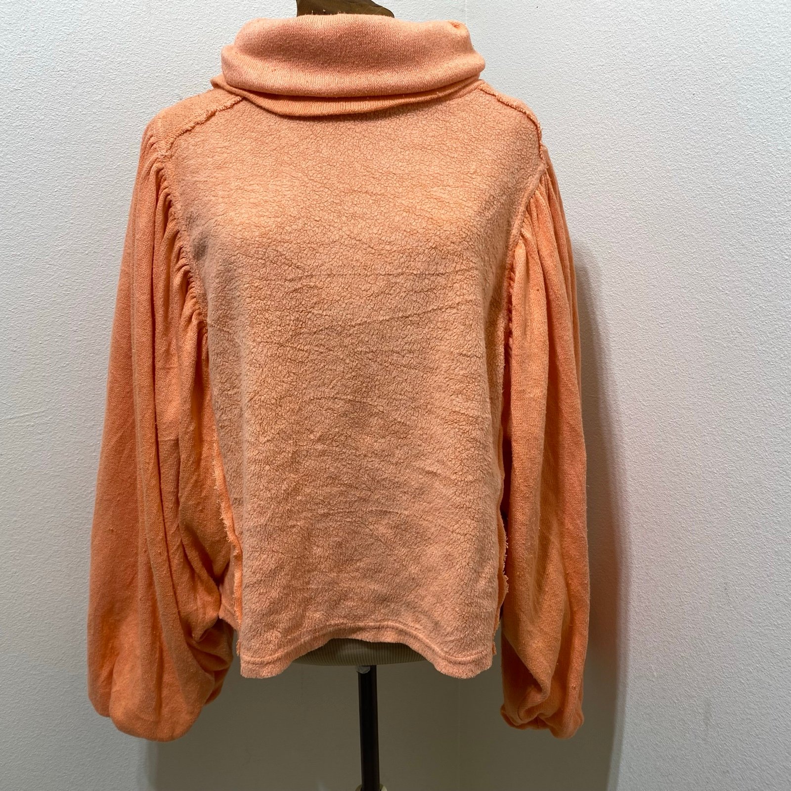 Free People Cloud Control Pullover Textured Balloon Sleeve Orange Medium
