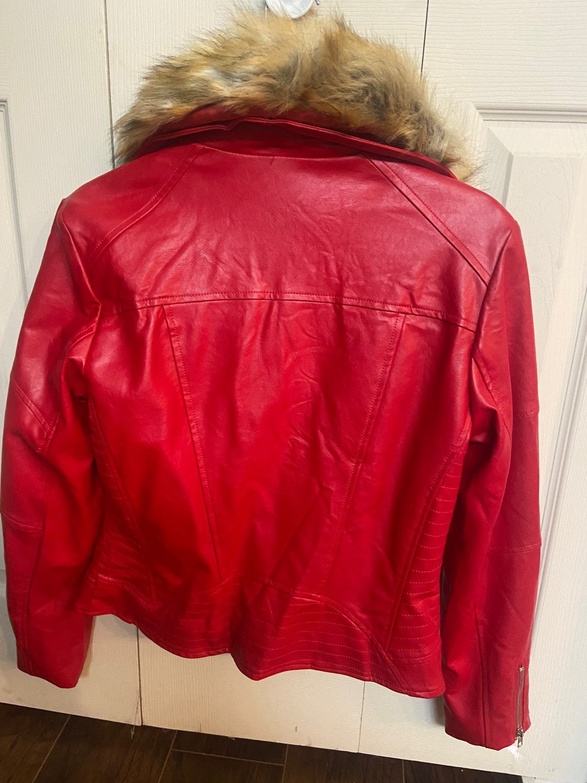 Red fleece lined faux leather jacket with fur collar