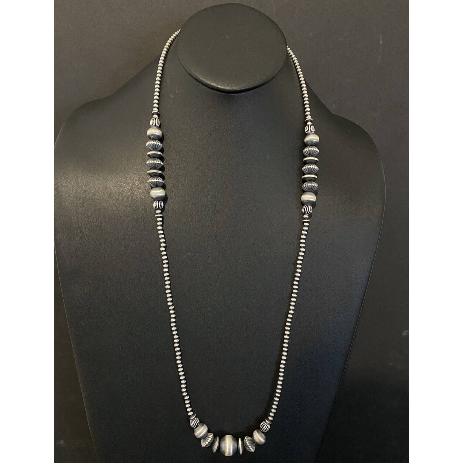Long Sterling Silver Pearls Bead Necklace 34 Inch.