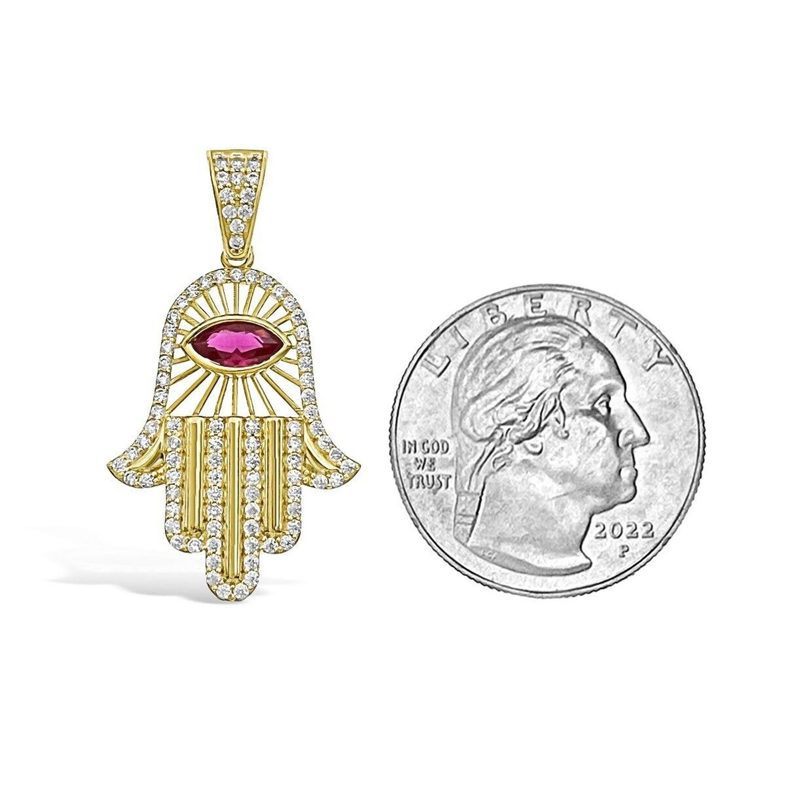 Hamsa Fatima Hand Pendant 10k Yellow Gold Simulated Ruby CZ Charm 1.4 inch