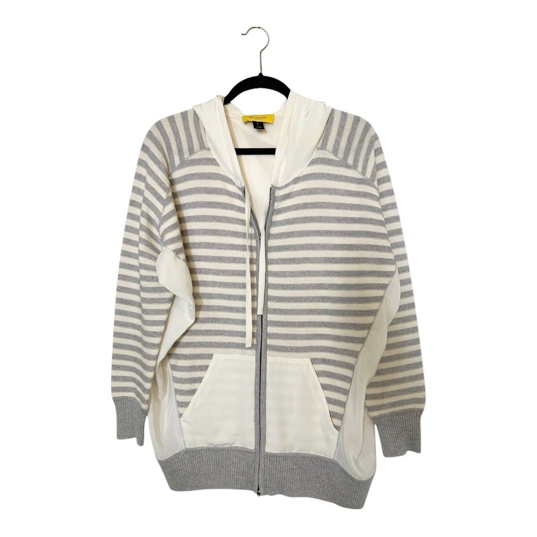 St John Striped Hooded Full Zip Cardigan Sweater Sz M Wool/Silk