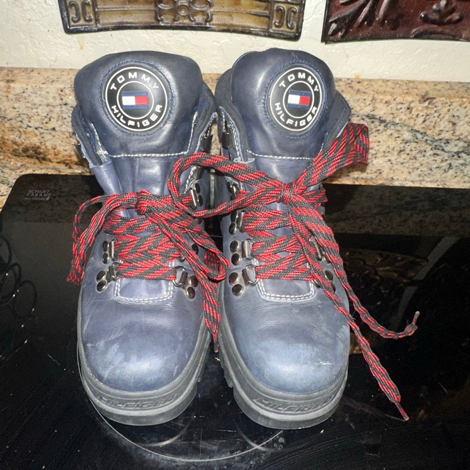 Tommy Hilfiger 6.5 Vintage Y2K Navy Blue Chunky Platform Combat Leather Boots