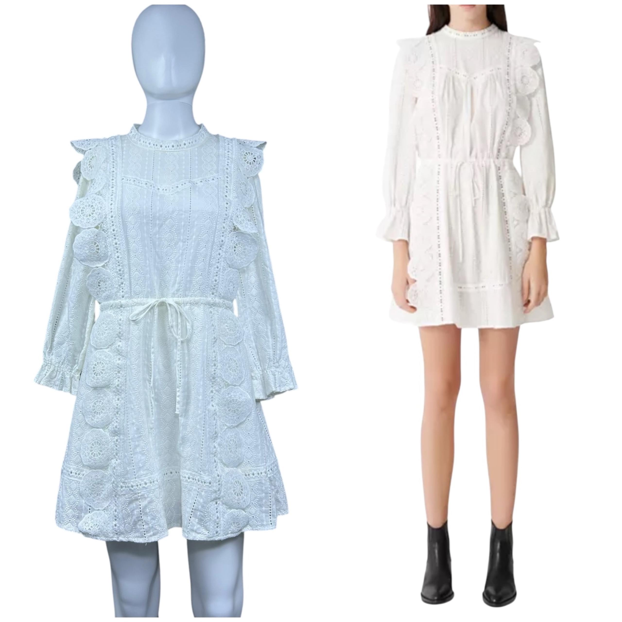 MAJE Ravia 3D Floral Eyelet Dress SMALL Scallop Crochet Lace Luxury Cottagecore