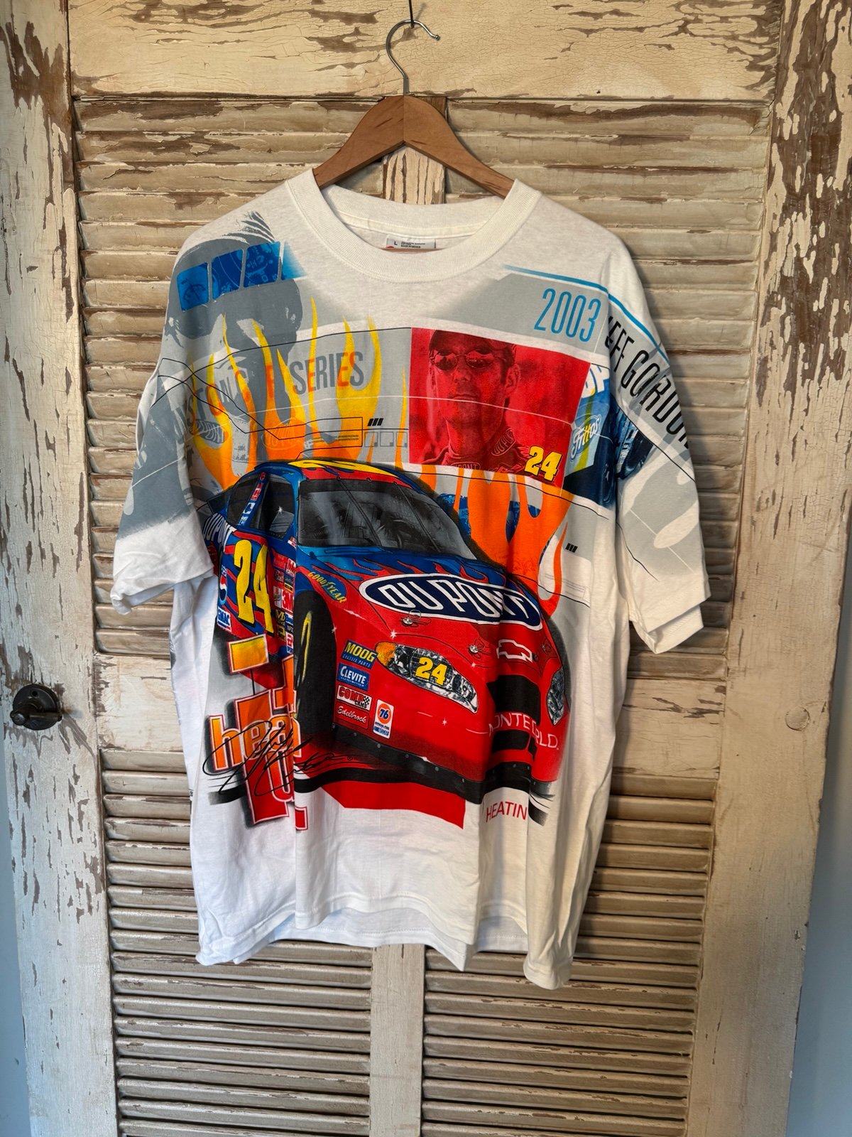 VINTAGE 2003 NASCAR JEFF GORDON #24 HEATIN IT UP ADVERTISING CHASE T-SHIRT Large