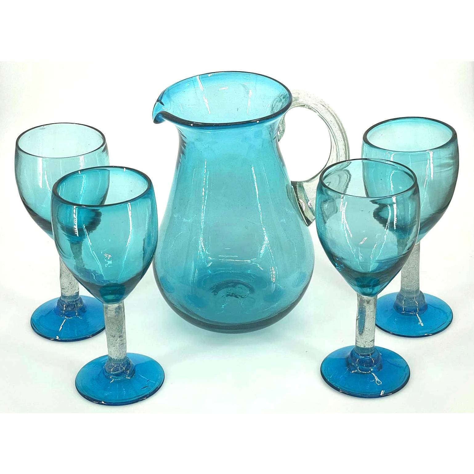 Vintage Hand Blown Aqua Blue Art Glass Pitcher & 4 Water Goblets