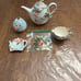 Pier 1 hand painted 3D porcelain teapot with accessories