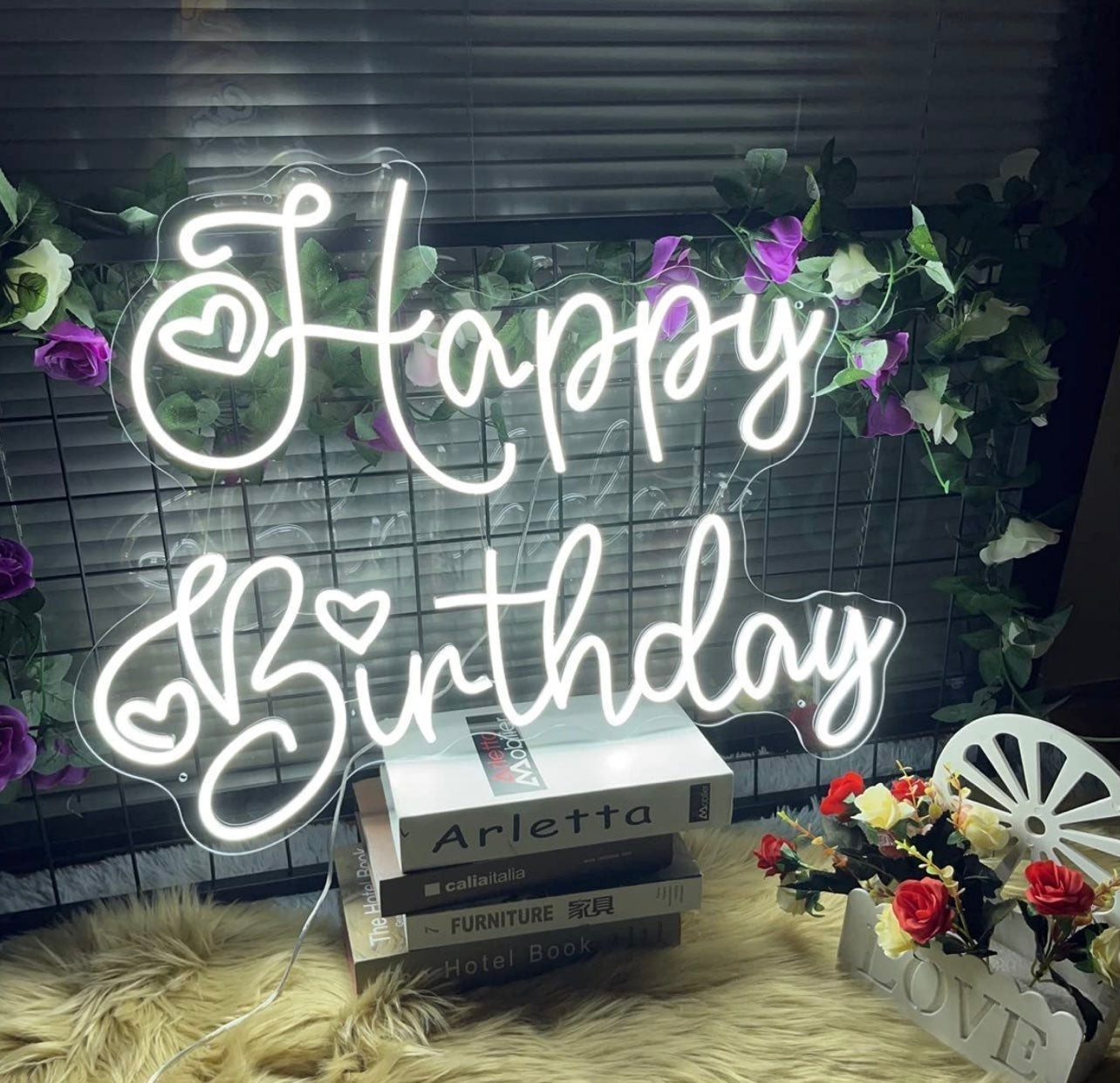 Adorable Bright Triple Heart “Happy Birthday” LED Light Sign Wall Decoration