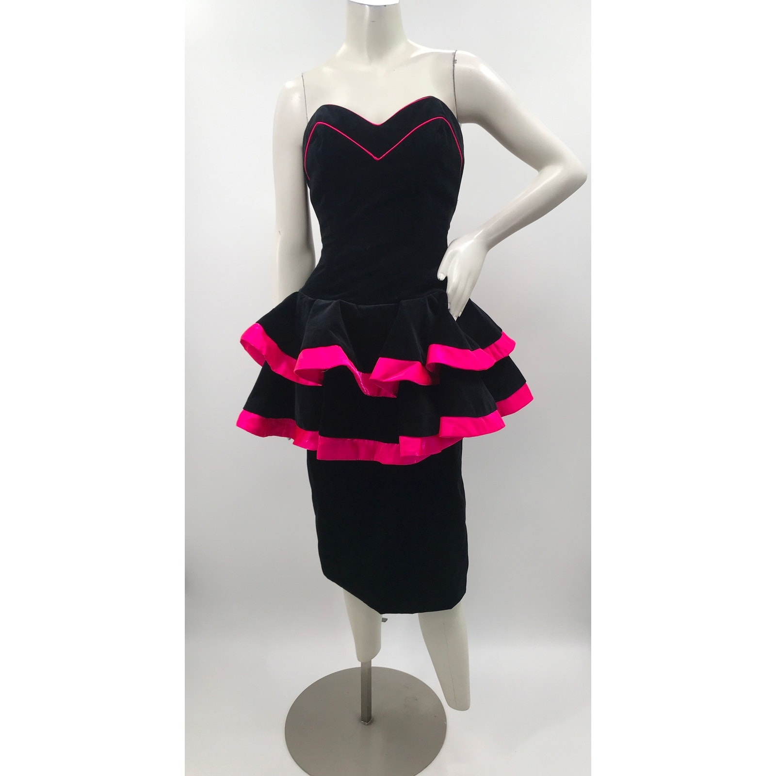 Barboglio Cristina Jan Black Velvet Hot Pink Strapless Peplum Midi Dress Vintage