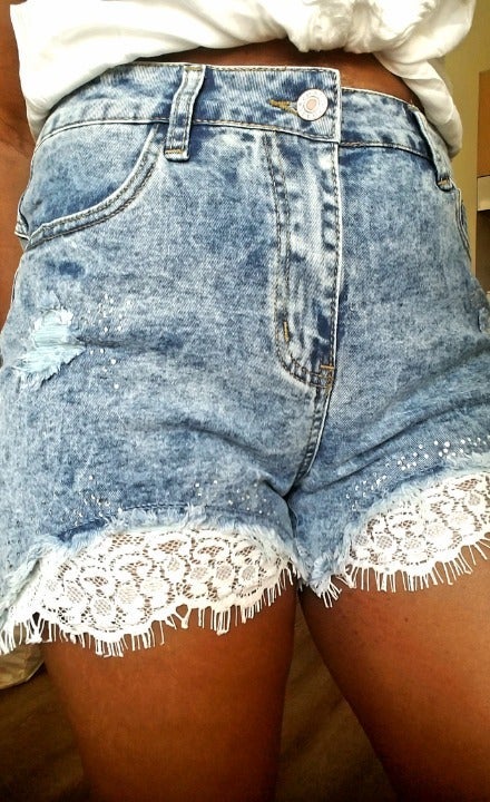 Denim and Lace Distressed Shorts