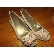 Joan & David 2 taupe leather raffia wedge peep toe sandals size 7 New no Box