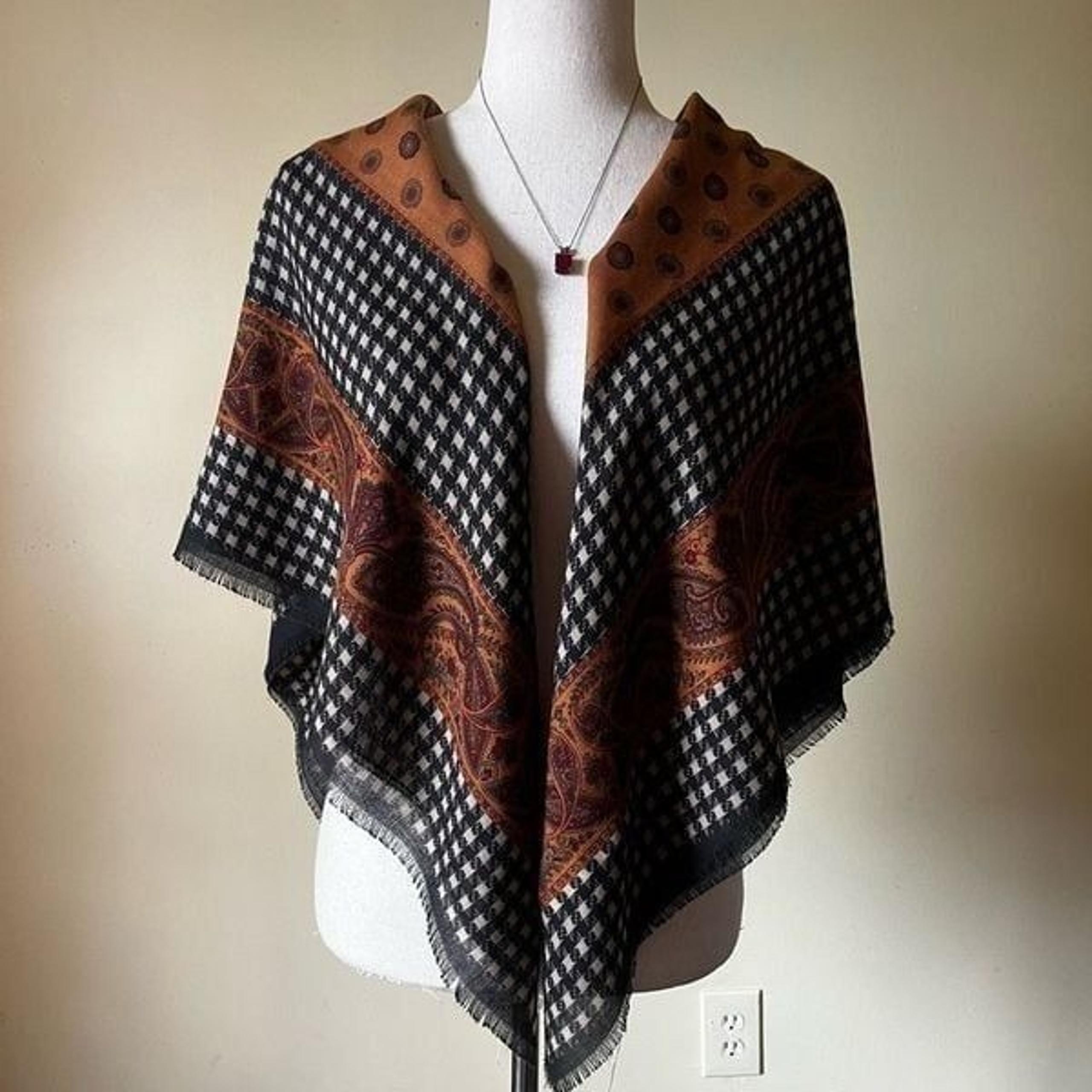 Vintage Large Square Scarf Shawl Brown Black Paisley Houndstooth Boho Academia