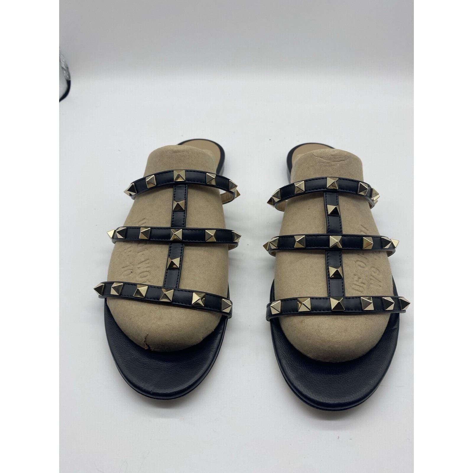 Valentino Garavani Rockstud Caged Flat Slide Sandals Black Womens Size 39.5