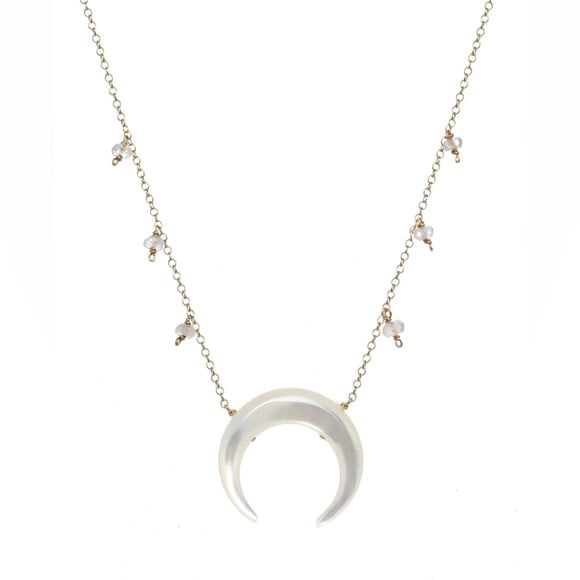 KOZAKH MOTHER OF PEARL CRESCENT MOON MOONSTONE CHARM NECKLACE