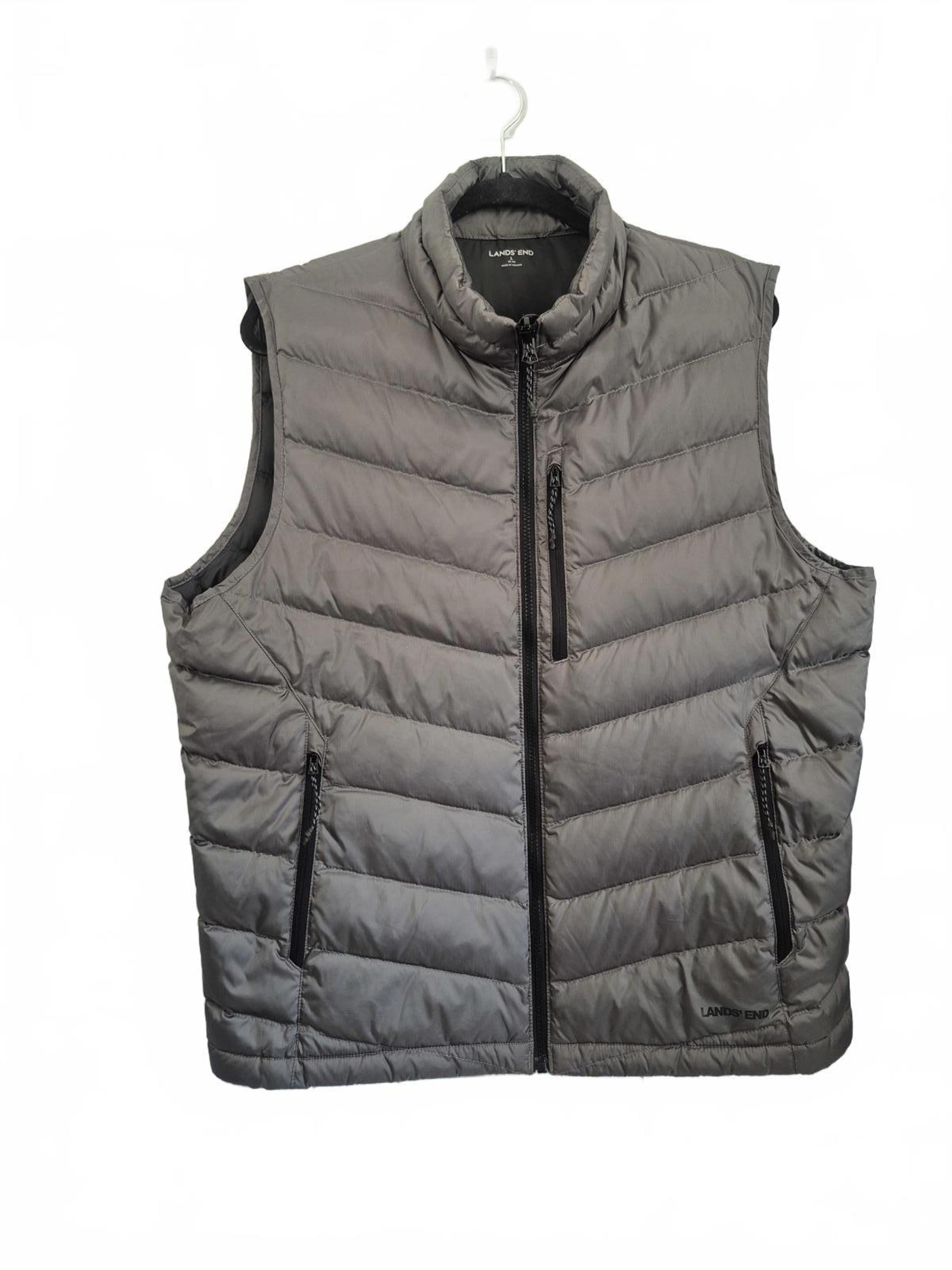 Lands End Mens Gray Quilted Puffer Vest Zip Front Multiple Zip Pockets