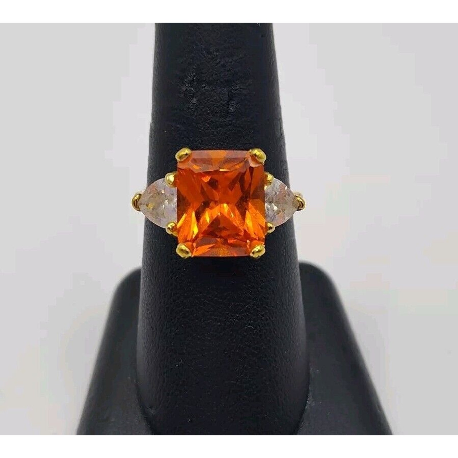 UTC Gold Plated Sterling Silver 12x10mm Emerald Cut Orange CZ Ring Size 8.5