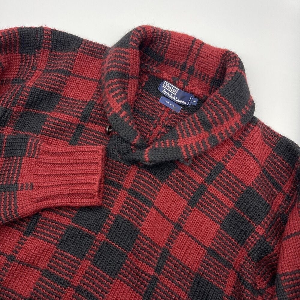 VTG Polo Ralph Lauren Wool Sweater Men Medium Red Black Plaid Pullover Shawl