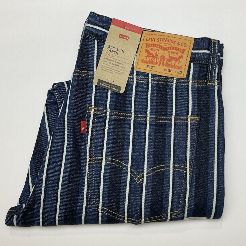 NWT Levi's 512 Slim Taper Jeans 36x32 Blue Striped Denim Jeans Stretch Strauss
