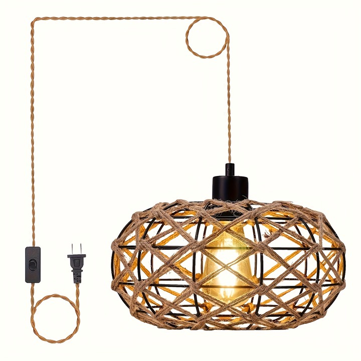 Plug In Pendant Lights, Bohemian Woven Rattan Hanging Lights, With 12ft Hemp