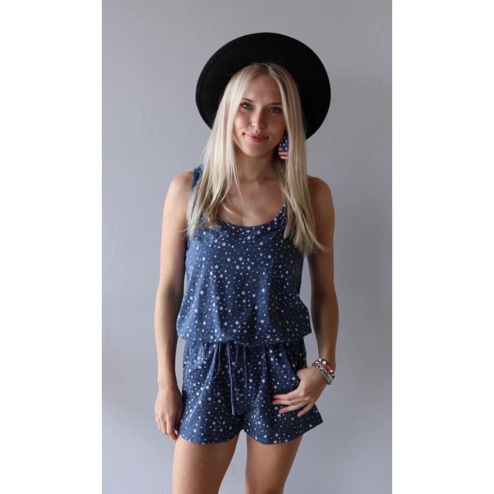 NWT Bobi Los Angeles Blue w/ White Stars Cotton Sleeveless Romper Sz S