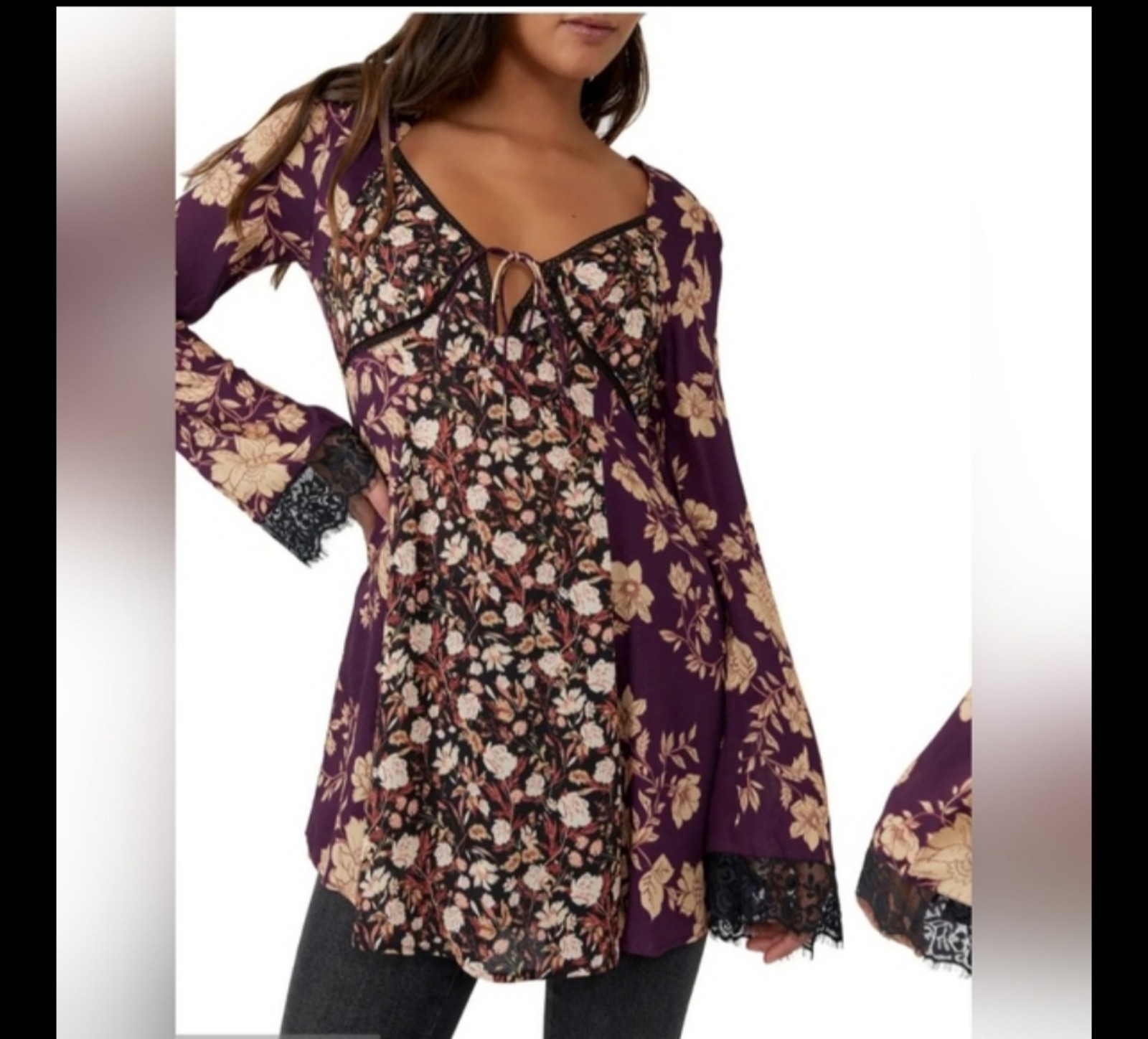 FREE PEOPLE Odette Floral Long Sleeve Tunic  Long bell sleeves with chic lace