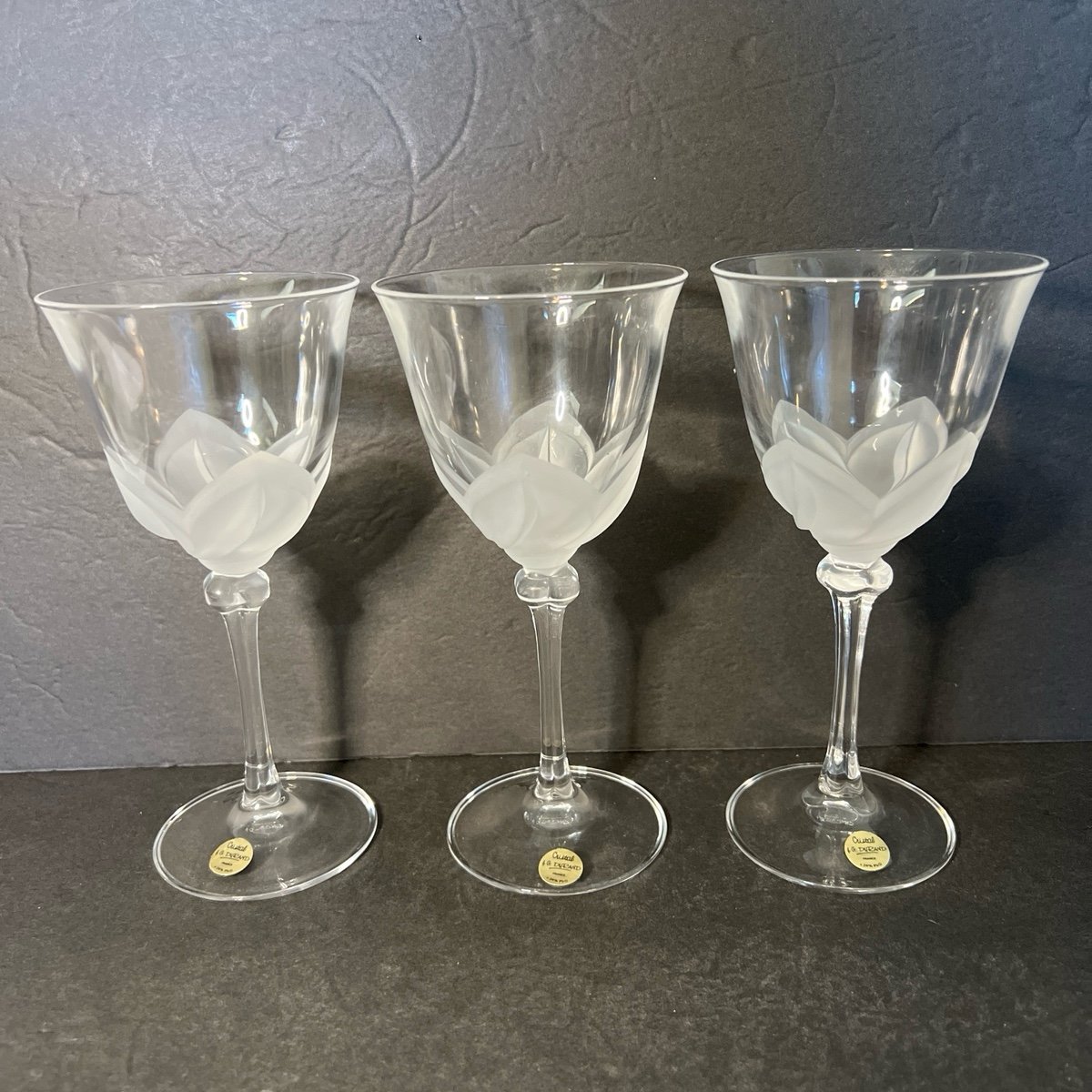 3 Cristal J.G. Durand France Florence Crystal Wine Glasses Signed, Frosted