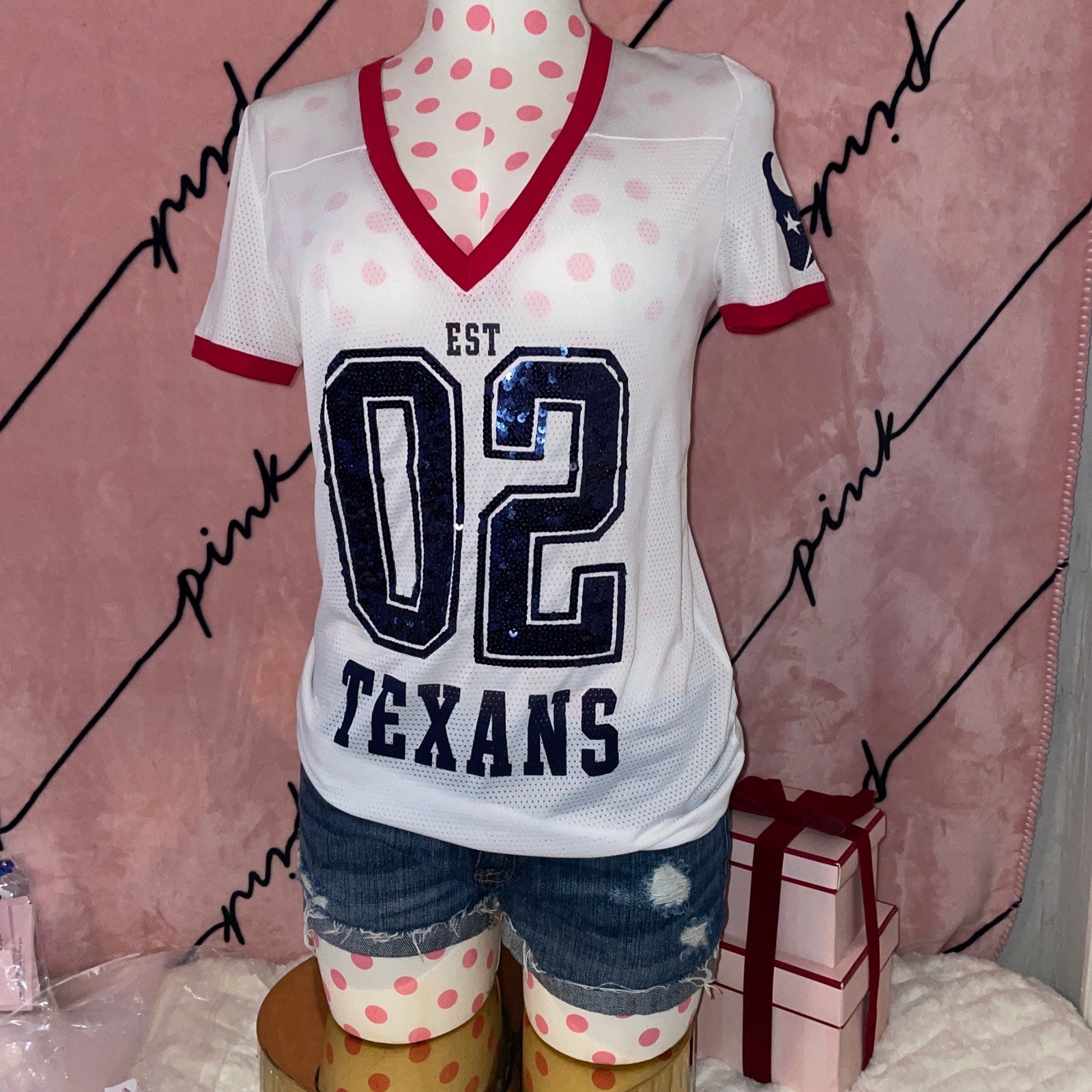 C14 RARE VICTORIA'S SECRET PINK TEXANS Jersey NFL Football Collection Varsity XS