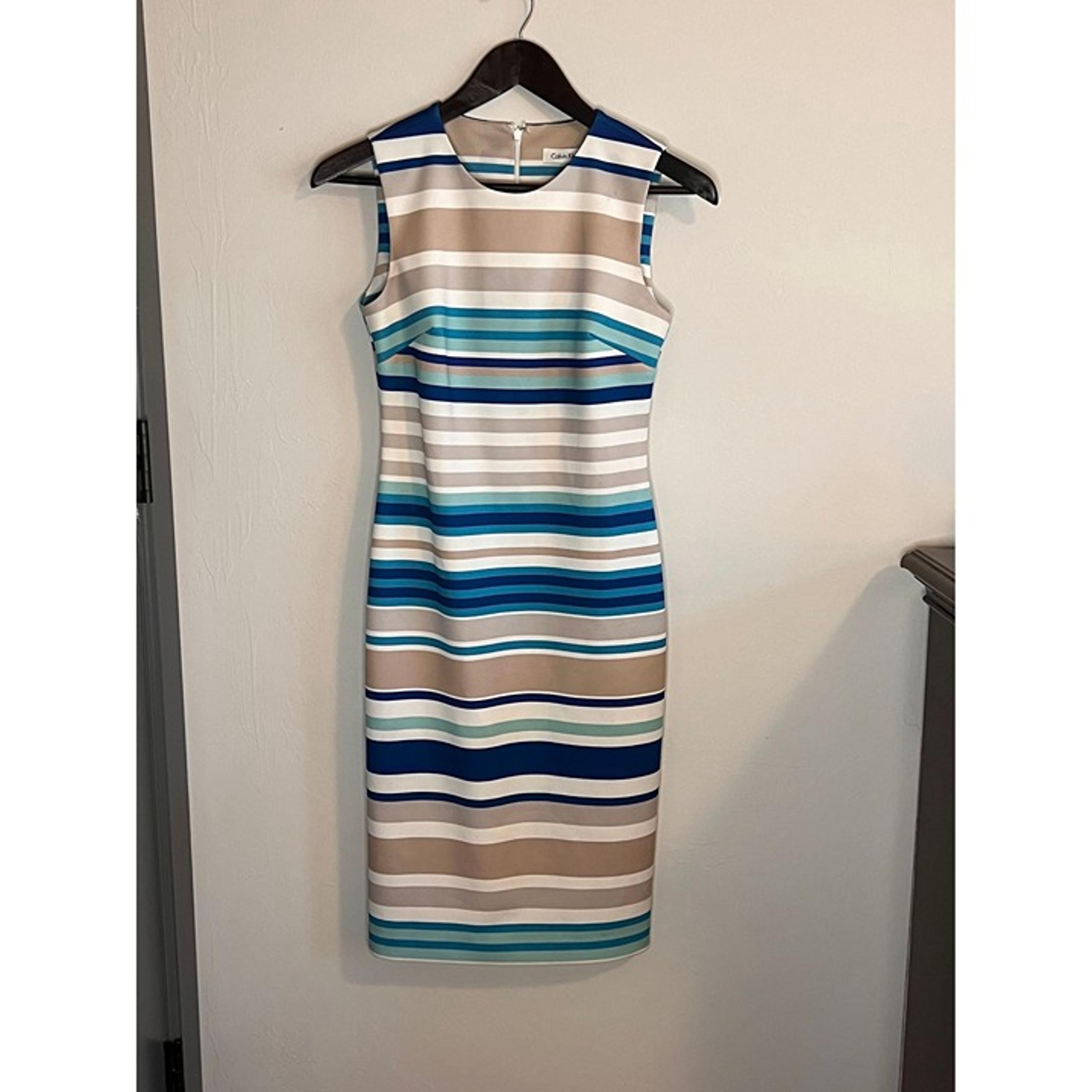 Calvin Klein Career Dress Size 4P Horizontal Stripe Blue, Teal, Beige, and White