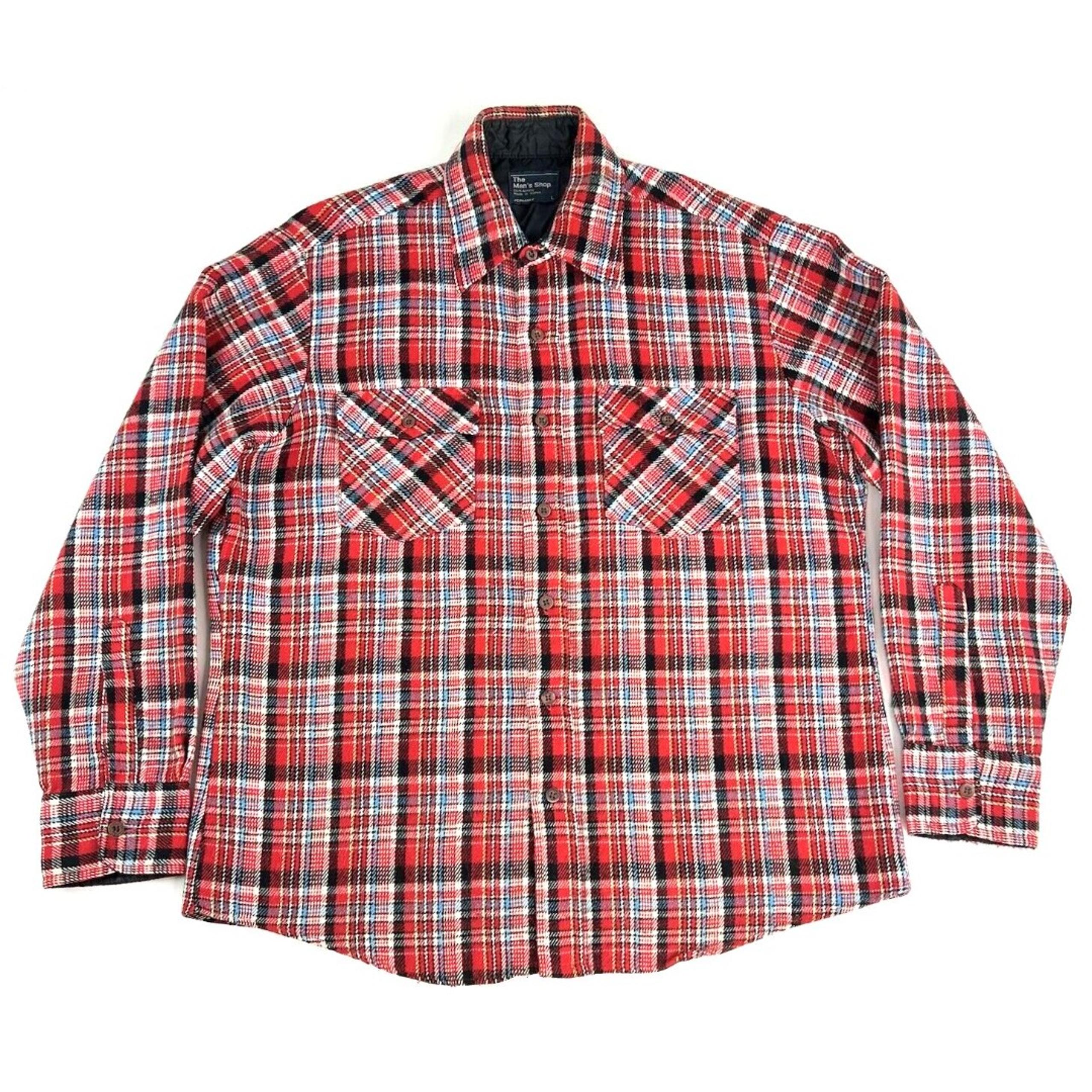 Vintage JC Penney The Mens Shop L Flannel Shirt Plaid Button Up Red White Blue
