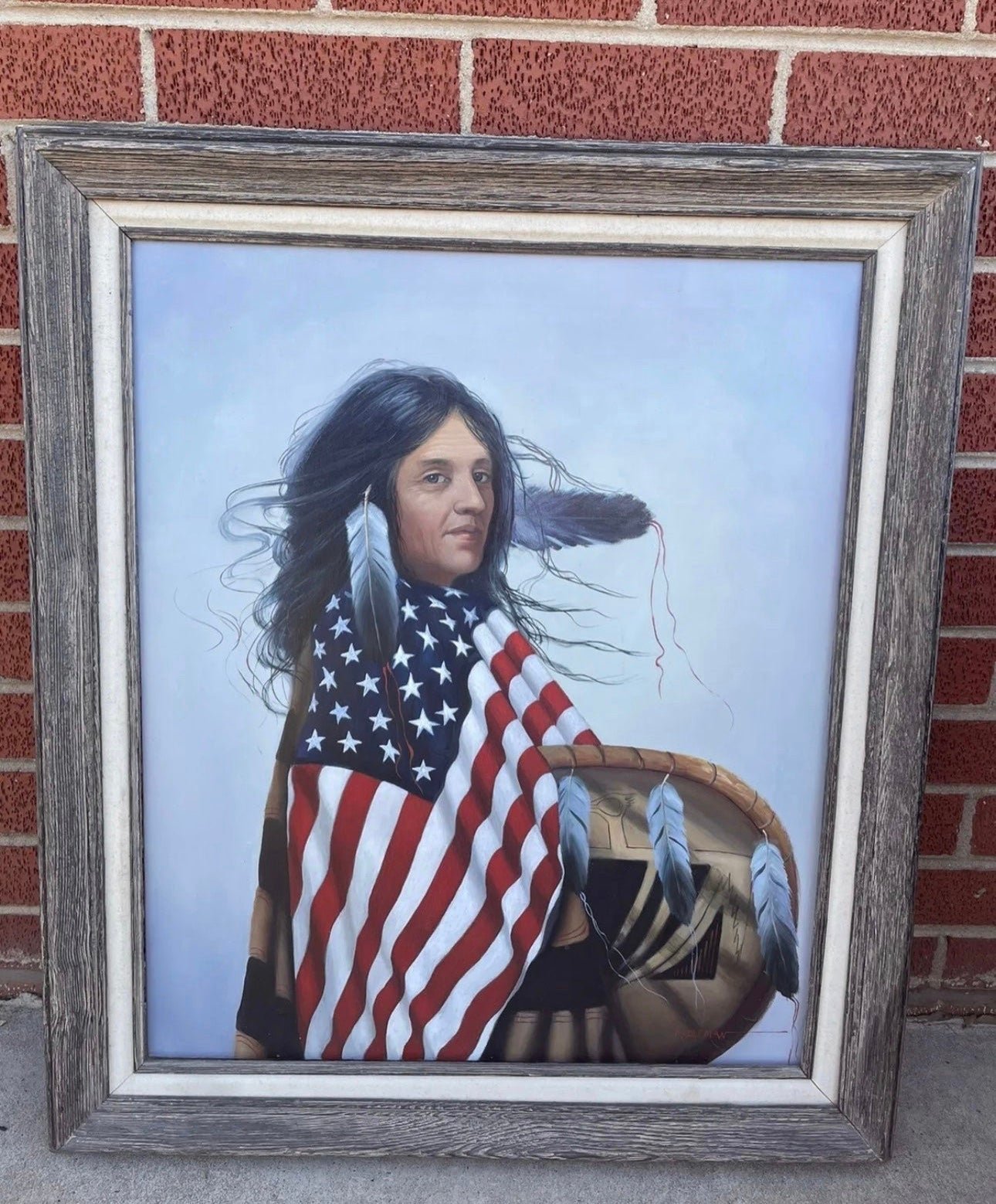 Large 20 X 24 Western Art Oil Painting V. Colman Indian American Flag Original