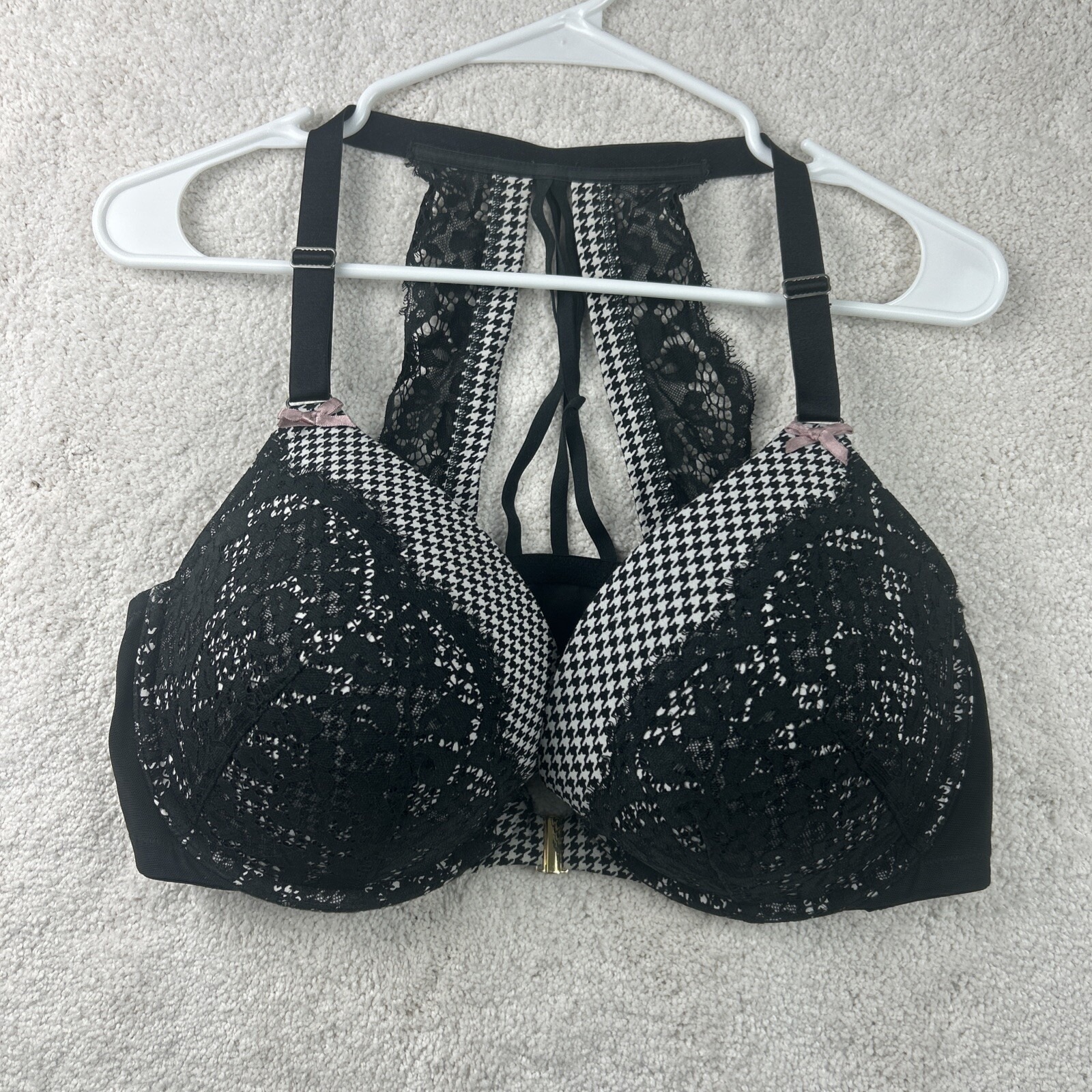 Cacique Bra Boost Plunge Black/White Pink Bows Underwire Lace 42DD Black
