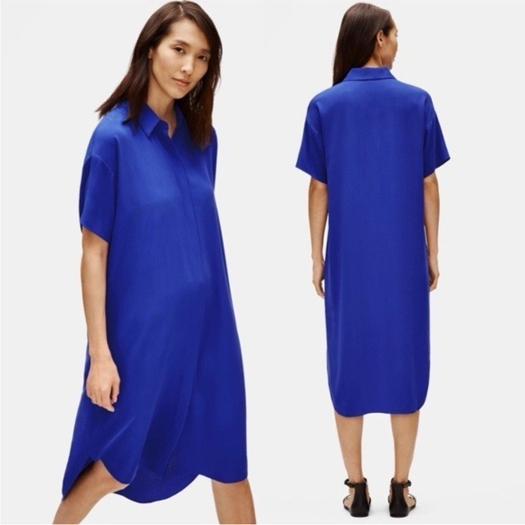 Eileen Fisher Georgette Silk Crepe Shirtdress Blue Boxy Fit Lagenlook Women XS
