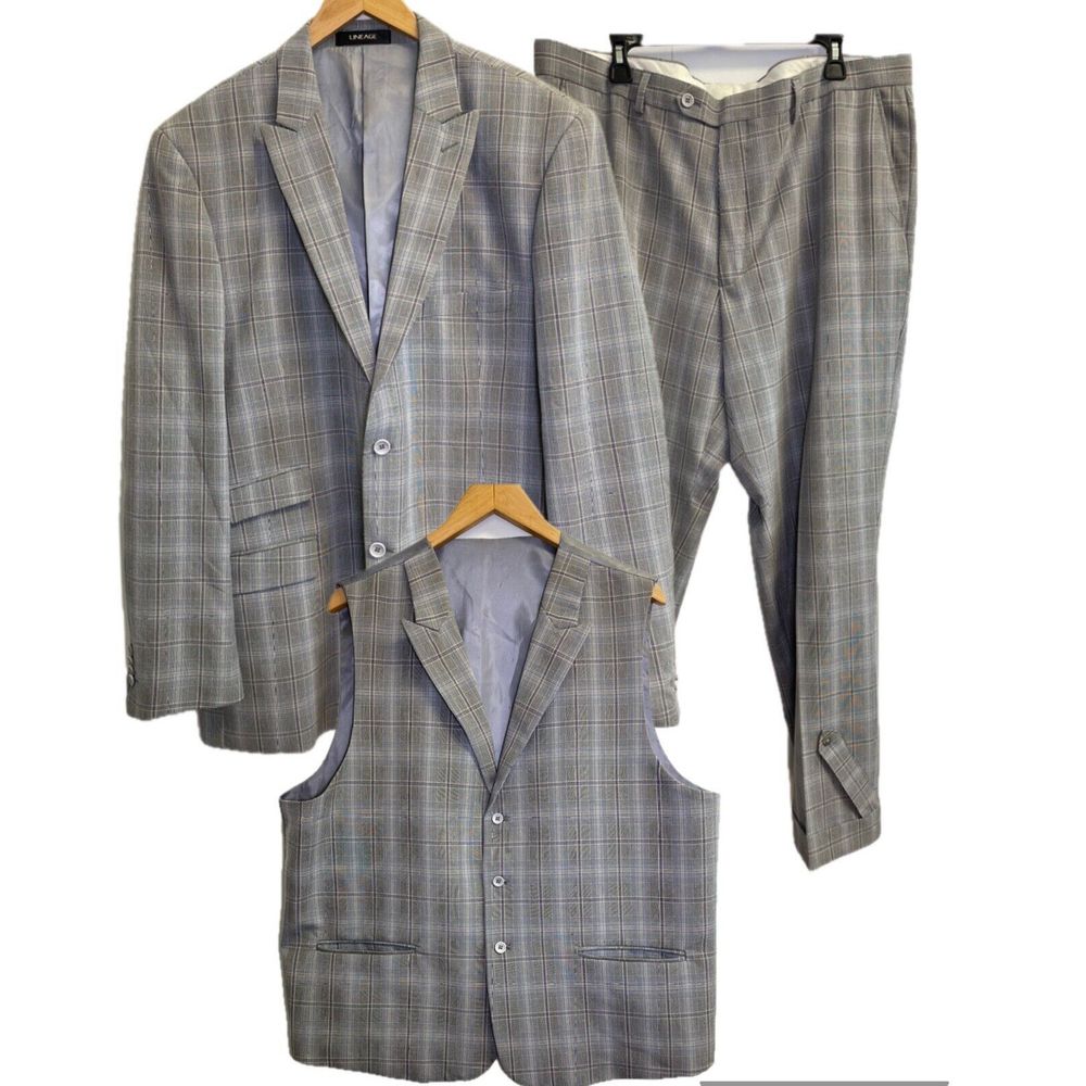 Lineage Men's 2 Button 3 Piece Suit Set Blazer, Vest Size 48L Pants 44X32 Plaid