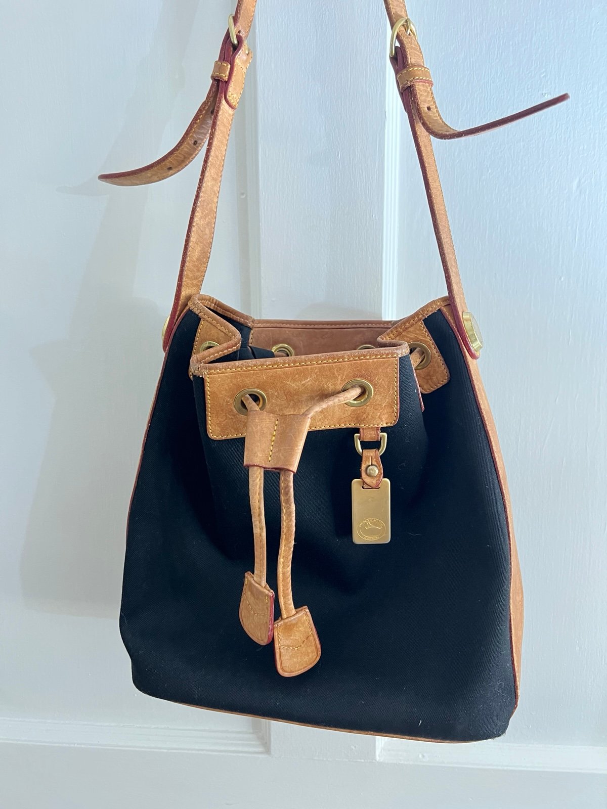 Dooney & Bourke Black Canvas Leather Trim Hobo Bucket Adjustable Shoulder Bag