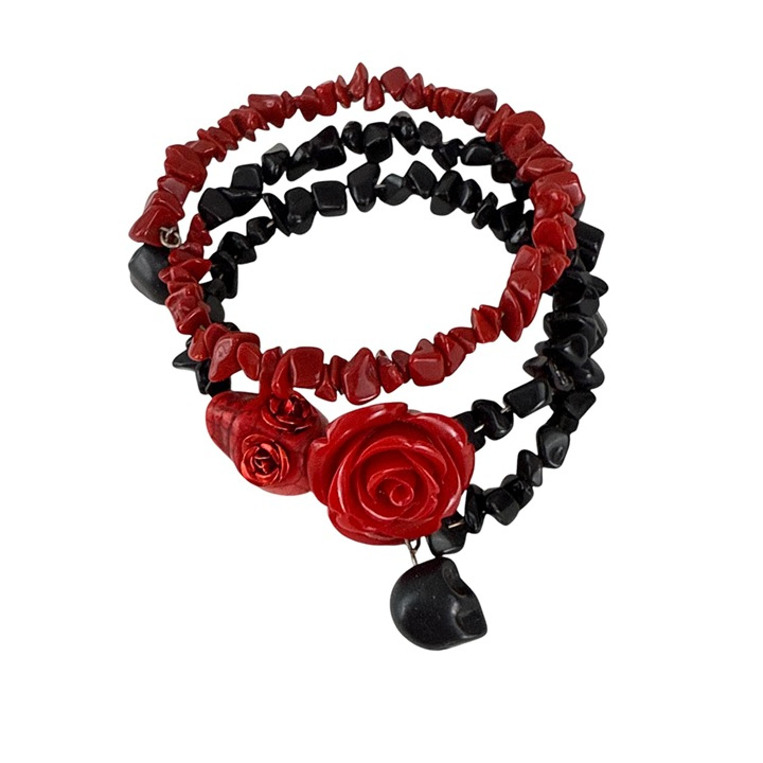 Gothic Red Black Rose Skull Beaded Memory Wire Bracelet Rockabilly Stretch
