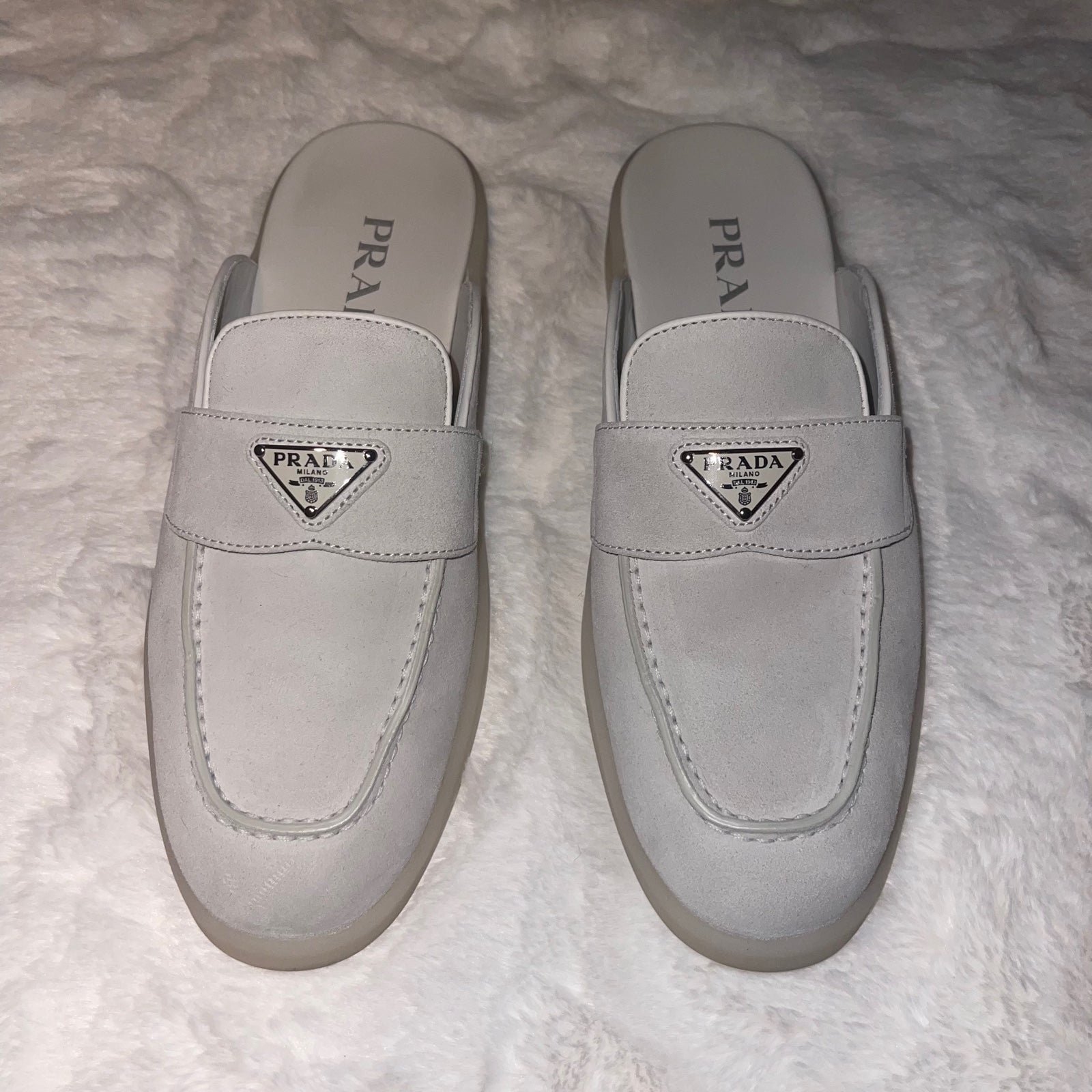 Prada Triangle Logo Suede Mules Flat
