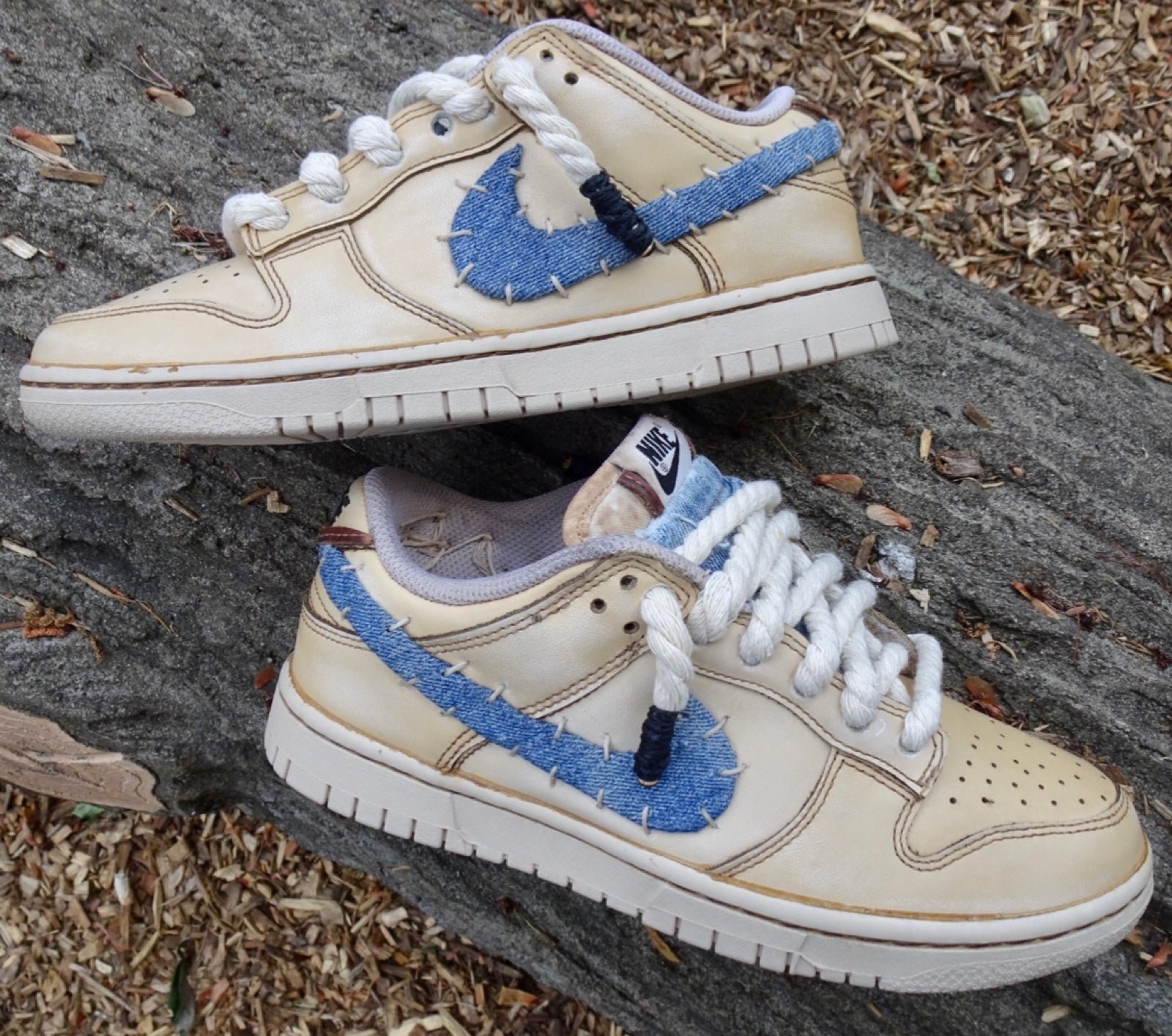 Nike Dunk Low Custom Recycled Levis Espresso Dye Rope Laces Leather Accents Sz 7