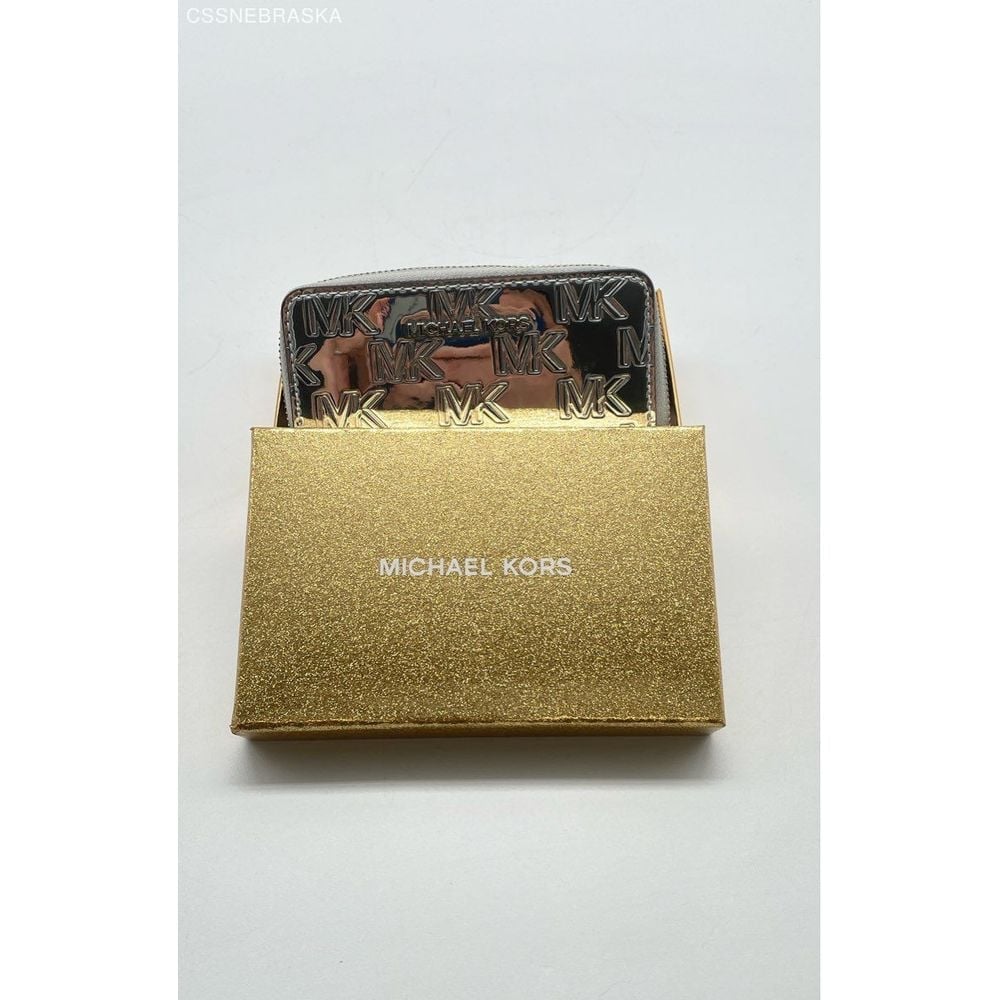 MICHAEL KORS SILVER SMALL SHINY ARGENT CARD CASE WALLET ZIP AROUND