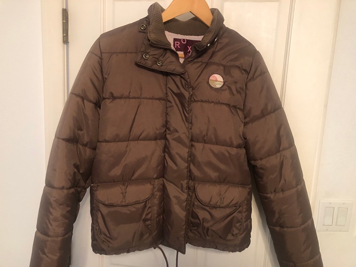 ROXY Puffer Jacket Dark Medium Brown Snow Snap zip hooded