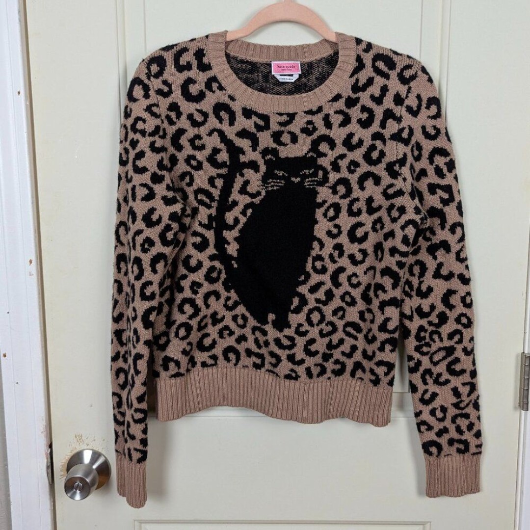 Kate Spade | Tan Leopard Cat Intarsia Sweater Size Small
