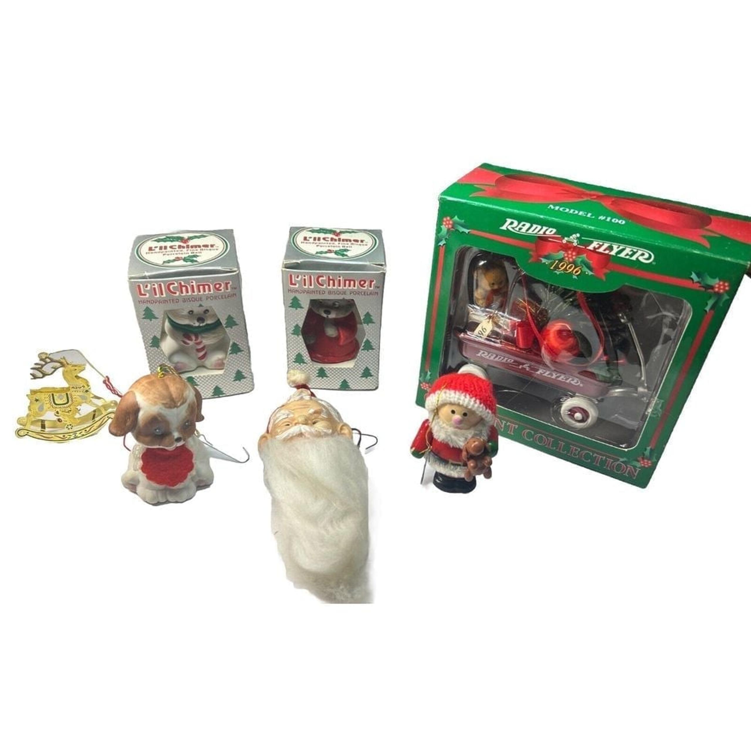 Lot of 7 Vintage Christmas Ornaments Reindeer Santa Bear Radio Flyer Retro