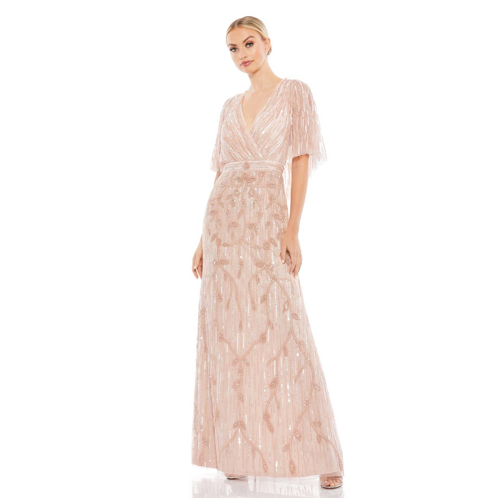 NEW MAC DUGGAL EMBELLISHED BLUSH CAP SLEEVE FAUX WRAP TRUMPET GOWN SIZE 16