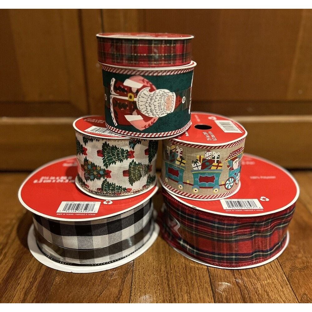 Lot Of 6 Celebrate It Christmas Wire Ribbon Santa, Plaid, Train, Tree